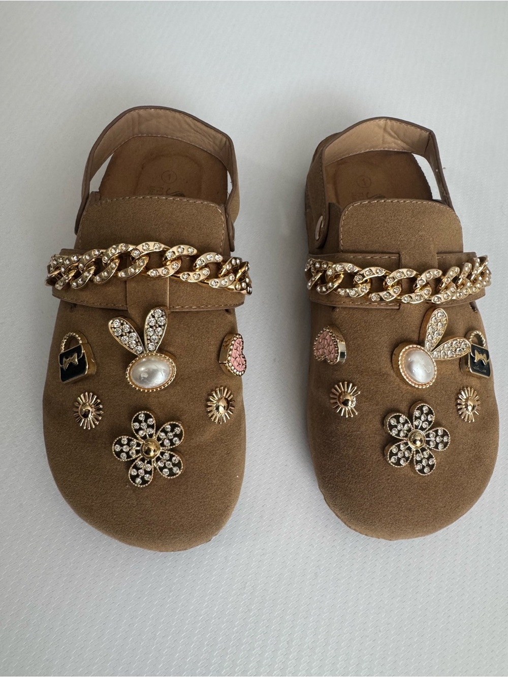 SHEIN Girls Brown Embellished Slip-Ons with Gold Chain & Charms
